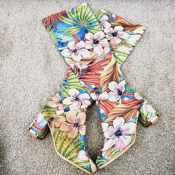 Unique JB Easos Geal Beautiful Floral Pull on Knee High Heeled Boots ~ Size 5.5 - Picture 8 of 10